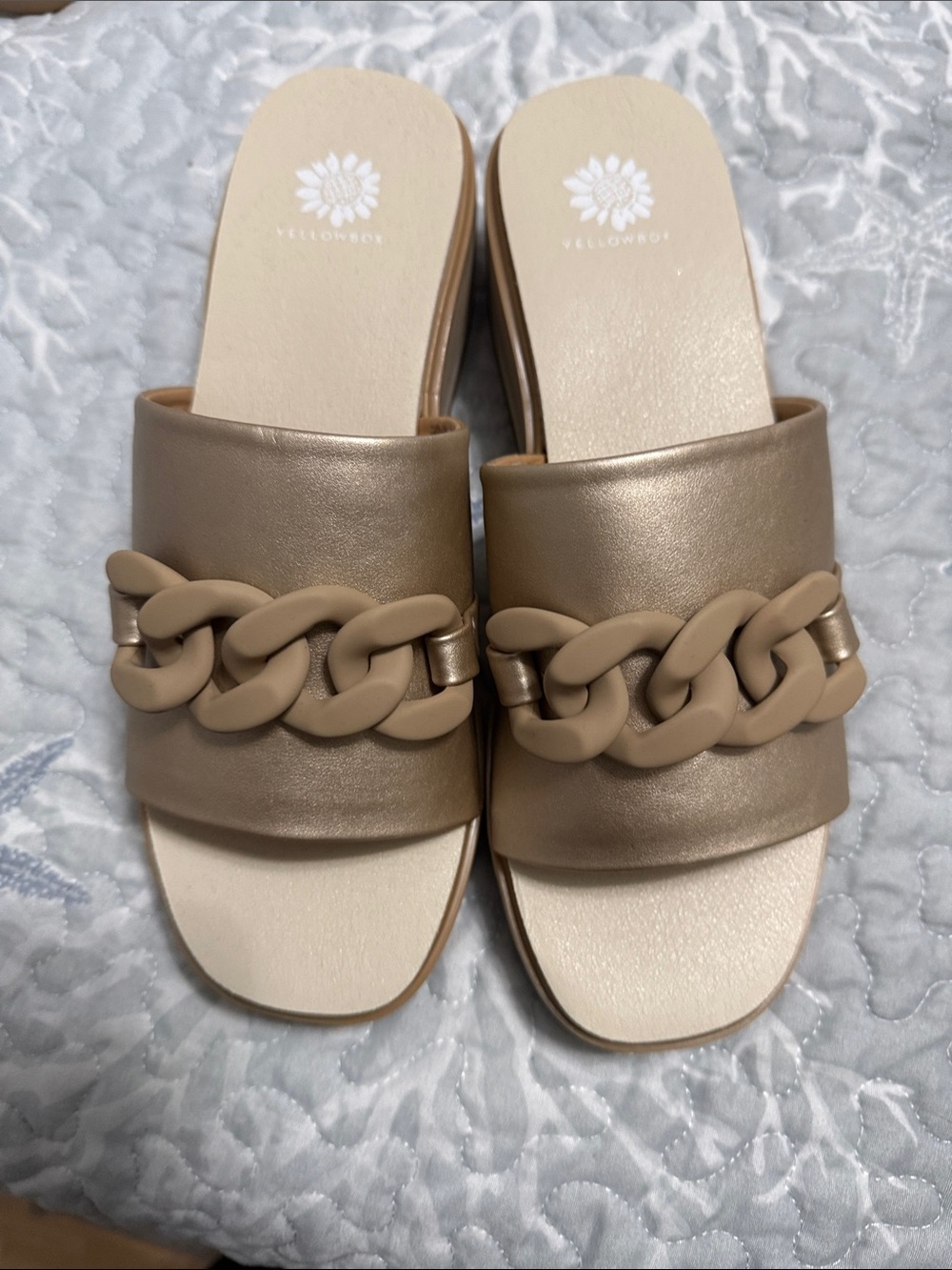 New No Tags — Yellow Box Metallic Taupe Slide Sandals with Chunky Chain